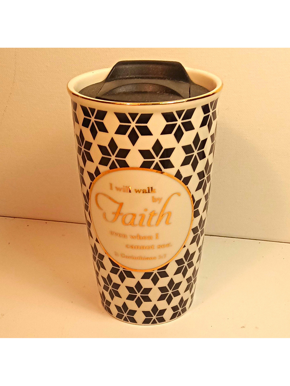 Home Essentials Faith Ceramic Travel Mug w/ Lid Black White Geometric Pattern